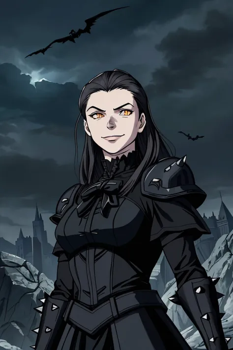 realistic photo of <lora:sd15_DoaEvren_locon_24_v1.0:.8> DoaEvren, solo, upper body, detailed background, detailed face, (victorian theme:1.1), (glowing eyes:1.05), sinister smirk, dark warrior, unholy, gray clothes, spiked armor, evil royal black crown, floating particles, rocks, vultures in background, , lightning in background, dark sinister atmosphere, stormclouds, dark night,