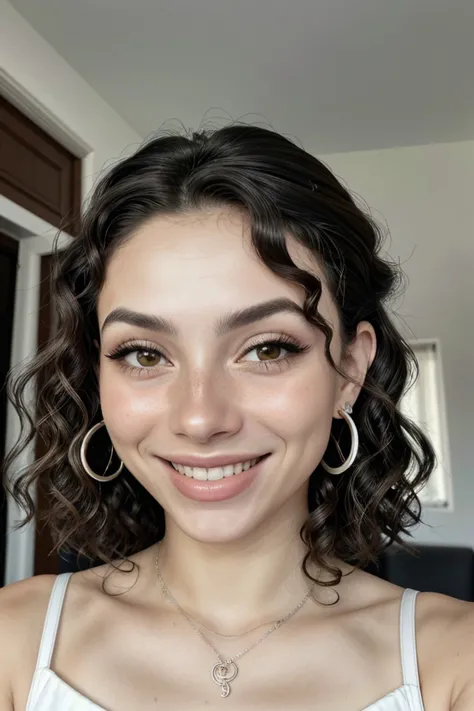 photo of <lora:sd15_DoaEvren_locon_24_v1:.8> DoaEvren, focus on eyes, close up on face, huge smile, wearing jewelry, hair styled as curly lob, black and white