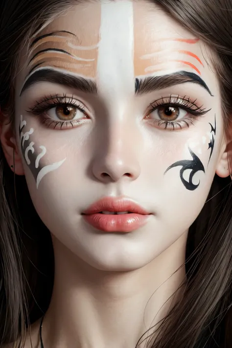realistic photo of <lora:sd15_DoaEvren_locon_24_v1.0:.8> DoaEvren, close up on face, focus on eyes, (numerology face paint:1.2)