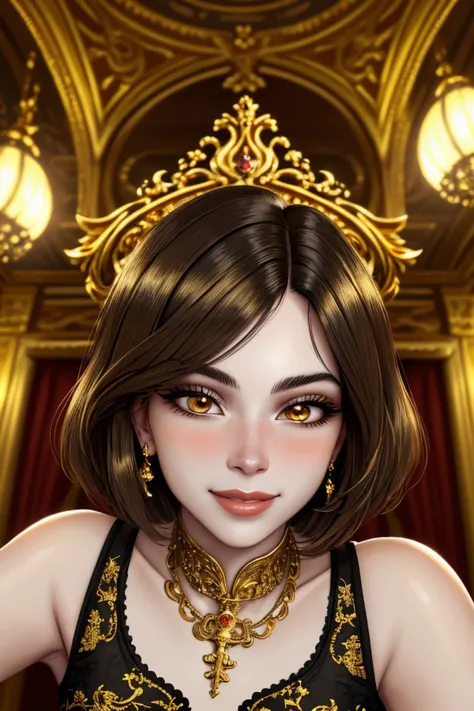 (baroque style, ornate, gold, dramatic, highly detailed:1.15), <lora:sd15_DoaEvren_locon_24_v1-000025:.9> DoaEvren, focus on eyes, close up on face, smile, hair styled as Straight Messy Bob, vignette