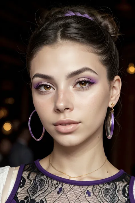 photo of <lora:sd15_DoaEvren_locon_24_v1:.8> DoaEvren, focus on eyes, close up on face, wearing jewelry, spanish violet color hair styled as voluminous bun,