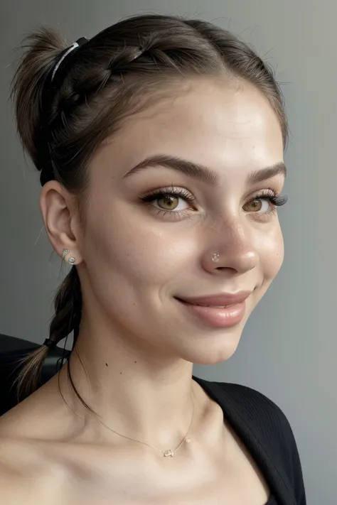 photo of <lora:sd15_DoaEvren_locon_24_v1-000025:.8> DoaEvren, focus on eyes, close up on face, smile, hair styled as French braid ponytail, black and white