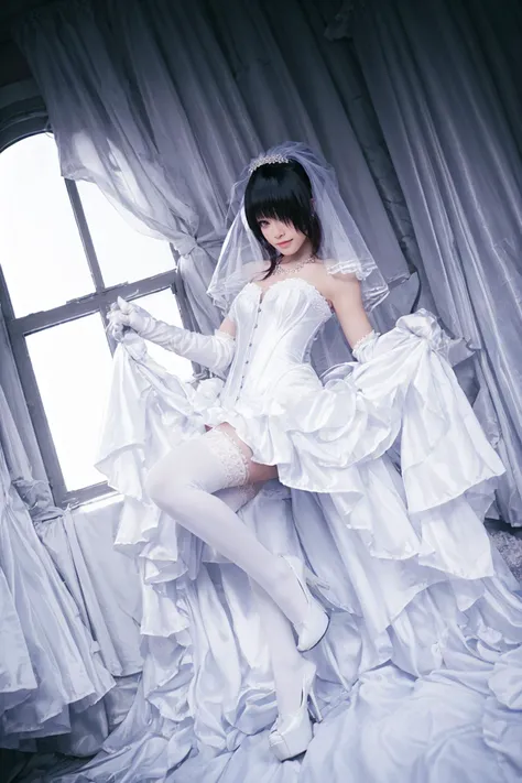 tokisaki kurumi cosplay costume, tokisaki kurumi, alternate costume, red eyes, black hair, hair over one eye, bride, dress, white dress, wedding dress, bridal veil, veil, elbow gloves, gloves, necklace, thighhighs, white thighhighs, high heels, big window,
<lora:Tokisaki_Kurumi_Wedding_Dress_cosplay_v1:0.85>