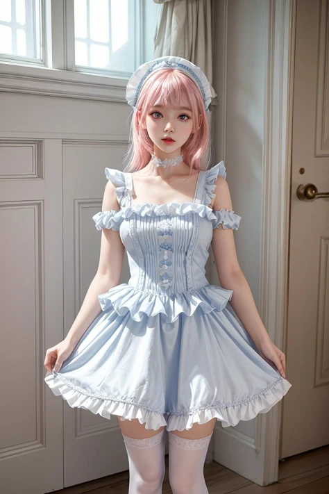 (masterpiece, best quality), 1girl, blue and white frill dress, (white stockings), pink hair, cute face, standing, indoor, intricate detail, sunlight, <lora:add_detail:1>