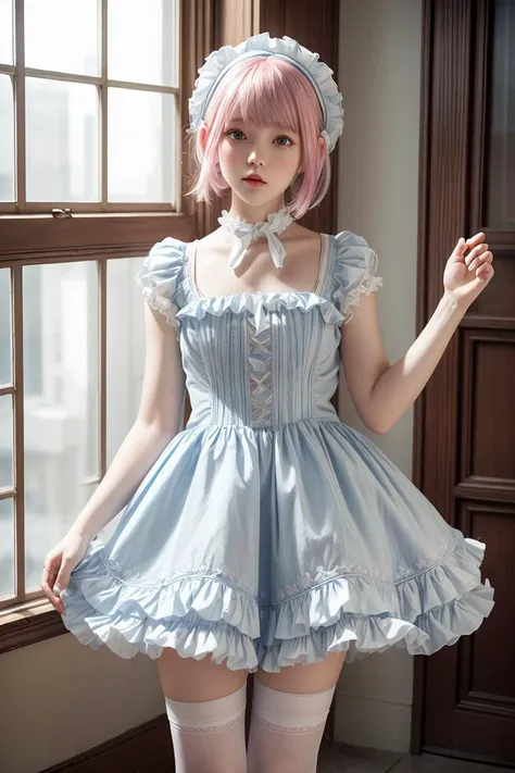 (masterpiece, best quality), 1girl, blue and white frill dress, (white stockings), pink hair, cute face, standing, indoor, intricate detail, sunlight, <lora:add_detail:1>