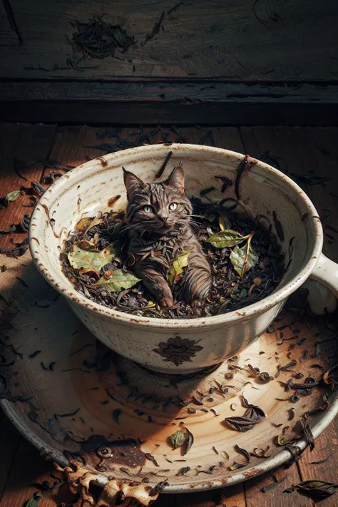 <lora:Tea_Leaf_Reading_Style_SD15:1>, (martius_tea), ((tea leaves forming the shape)) of a cat on the bottom of an empty tea cup,
<lora:more_details:0.8>, extremely detailed, CG, finely detail, (masterpiece, best quality):2.0, (intricate details, depth of field),
8k, HDR, ultra detailed, ((photorealistic)), professional light, cinematic lighting, fashion photography, ambient lighting, atmospheric effects,