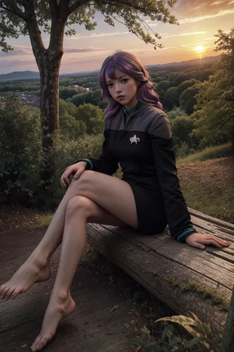 (ds9st science:1.3),black sleeves,<lora:Ds9Divi:0.8>
masterpiece, best quality, highly detailed, 1girl, small breasts, petite, long hair, light purple hair, ((gradient hair)), grey eyes,, barefoot, anklet, autumn, tree, forest, falling leaves, dusk, scenery, contrapposto, <lora:more_details:0.5>,