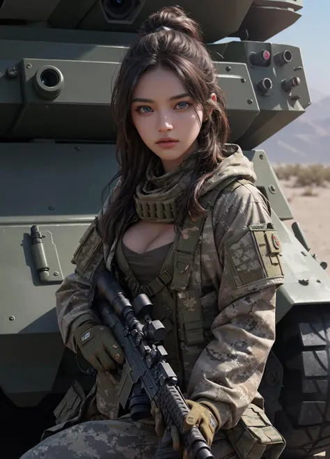 best quality, masterpiece, highly detailed, ultra-detailed, 1girl, brown desert camouflage military uniform, military assault rifle, holding weapon, gloves, military vehicle, tank, blurry background, blurry foreground, desert, black smoke, perfect eyes, highly detailed beautiful expressive eyes, detailed eyes, glamorous hair, 35mm photograph, film, bokeh, professional, 4k, highly detailed dynamic lighting, photorealistic, 8k, raw, rich, intricate details, key visual, vivid colors, cleavage