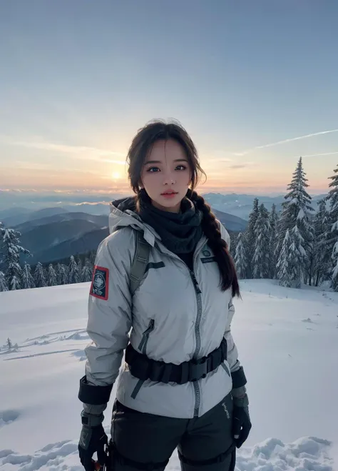 1girl, beautiful and sexy, light makeup, in tomb raider style snow gear, standing on the top of a snowy mountain, vast open view in the background, mountains, hills, trees, snow, clouds, 35mm photograph, film, bokeh, professional, 4k, highly detailed dynamic lighting, photorealistic, 8k, raw, rich, intricate details, key visual, vivid colors, detailed eyes, busty