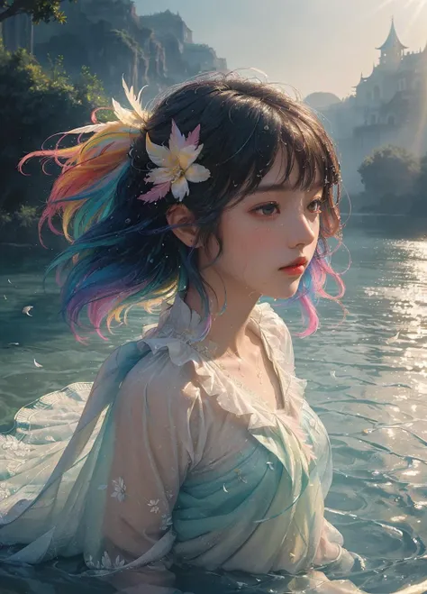 1girl, (masterpiece:1.2), best quality, multicolored, masterpiece, best quality,((an extremely delicate and beautiful)), floating, (detailed wet clothes), (detailed light), feather, nature, (sunlight), river, floating palace, beautiful and delicate water, (bloom), (shine), colorful, panorama, landscape, Colorful portraits, dynamic lighting