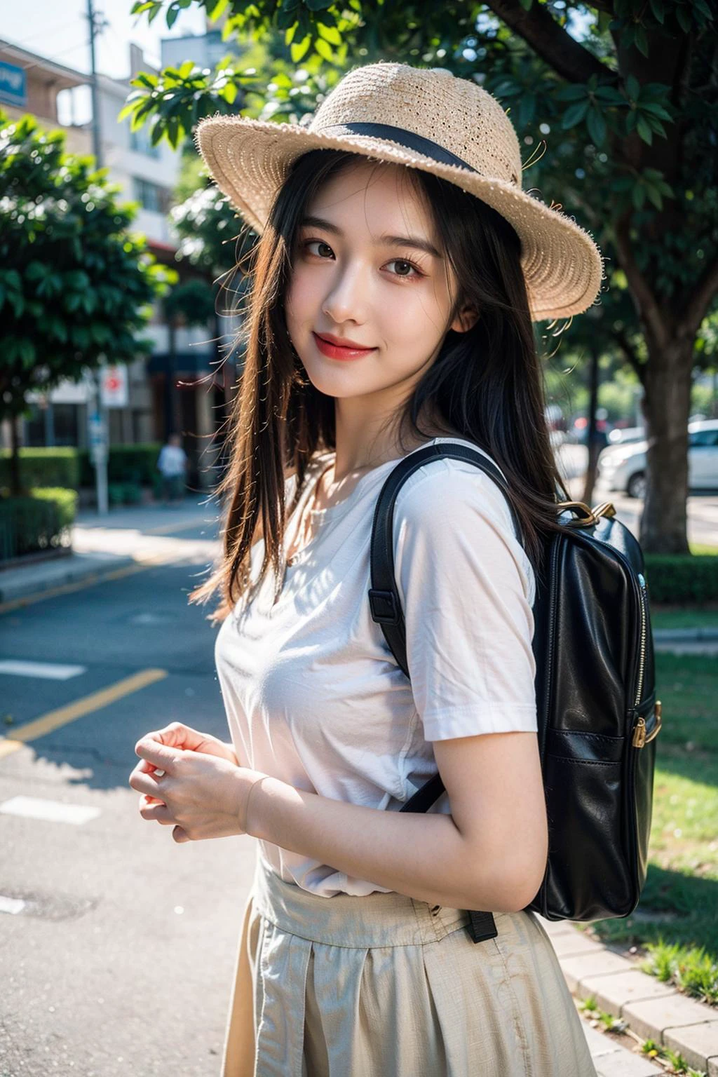 (8k), (best quality), (masterpiece:1.2), (realistic), (photorealistic:1.37), (intricate details), (HDR), (intricate details), (hyper detailed), (natural skin texture), (hyperrealism), (soft light), (sharp), (octane render), (detailed background), (35mm photography),crepuscular rays,front soft spot light,((Hasselblad photography)),
(front view shot), look at viewer, (full body:0.8), a beautiful 18 yo girl, crayon paintings, blush, simple background, Outgoing, wearing outdoor clothes, wearing a hat, one backpack, dirty, black hair, a peaceful place,
(beautiful detailed face), (beautiful detailed eyes), small breast:1, motion lines, light color short skirt, light color tight shirt, opened smile:1.5, unbuttoned shirt,
<lora:nagachichiD:0.5>,<lora:FilmVelvia3:0.3>, <lora:taiwanDollLikeness_v10:0.3>, <lora:add_detail:0.5>