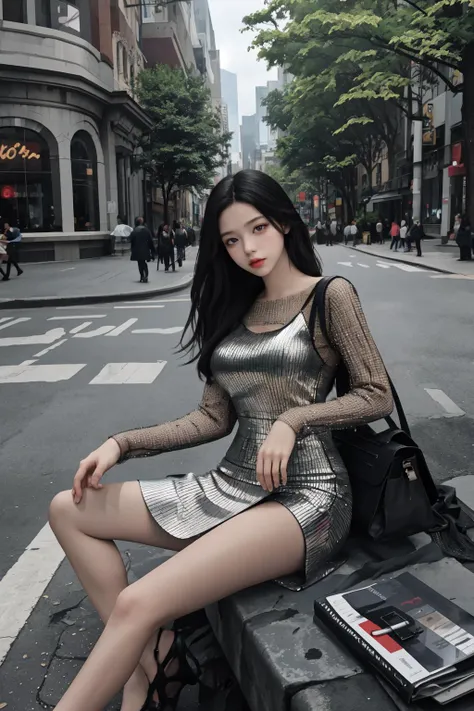 solo, outdoors, cityscape, 1Girl, ruanyi0464, dress, long sleeves, see-through, bottomless,  (dress lift:1.1), best quality, masterpiece, highres, sitting, looking at viewer, 
<lora:0464 Sequin strappy hip dress_v1:0.75>