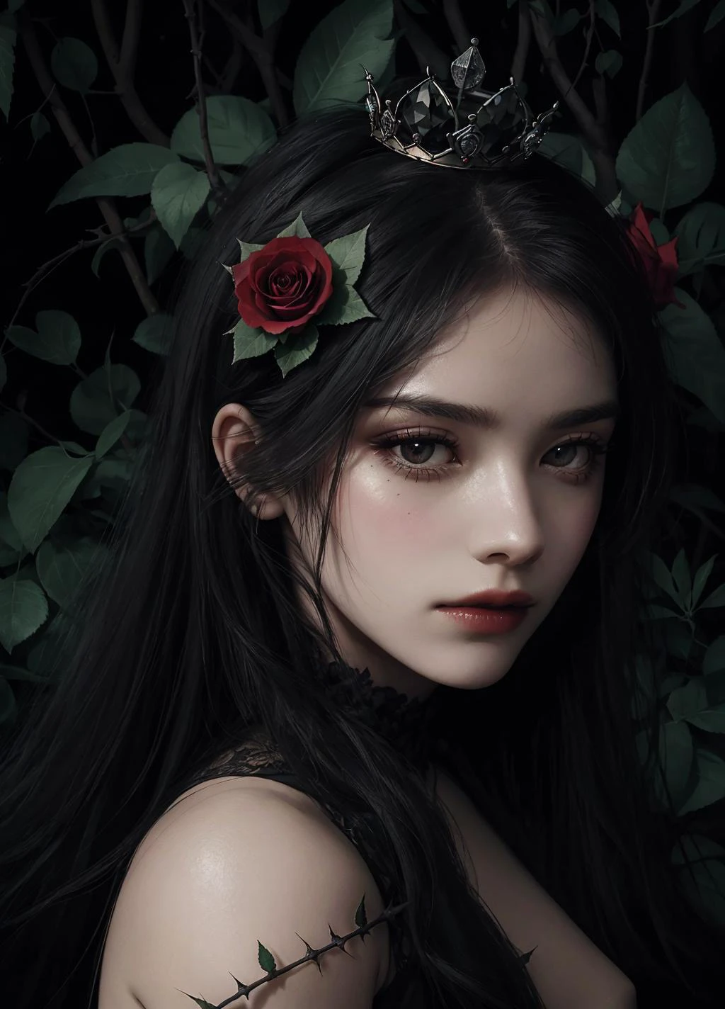 A gothic woman in a black dress with flowers, a crown of thorns laying on the ground in a forest, rose pedals, beautiful expressive detailed eyes, photography, detailed skin texture, beautiful. The image is in the style of a photograph, with realistic details in the woman's skin texture. She is dressed in black and adorned with flowers, laying on the forest ground with a crown of thorns atop her hair.