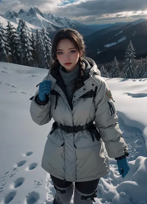 1girl, beautiful and sexy, light makeup, in tomb raider style snow gear, standing on the top of a snowy mountain, vast open view in the background, mountains, hills, trees, snow, clouds,  35mm photograph, film, bokeh, professional, 4k, highly detailed dynamic lighting, photorealistic, 8k, raw, rich, intricate details, key visual, vivid colors, detailed eyes, busty