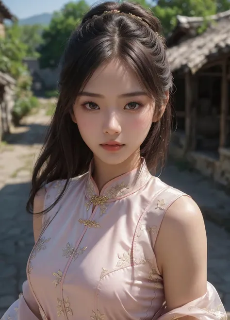Cute beautiful girl, standing in an old village, wearing pink cheongsam, hair ornament, light makeup, (detailed face, perfect face, perfect eyes, realistic eyes, expressive eyes), looking at viewer, outdoors, (masterpiece), ((ultra-detailed)), (highly detailed), (expressionless), (best quality:1.2), (1girl:1.2), High quality texture, intricate details, detailed texture, High quality shadow, depth of field, perspective, blush, perfect body, distinct_image, (lustrous skin), solo focus