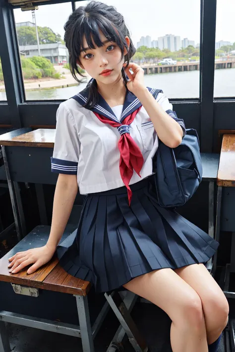 1girl, (white school uniform, skirt, serafuku, pleated skirt, neckerchief, short sleeves, sailor collar, blue skirt, shirt, red neckerchief, blue socks, loafers), (bag, school bag), big window, sitting, school, class room,
<lora:sailor_suit:0.7>
