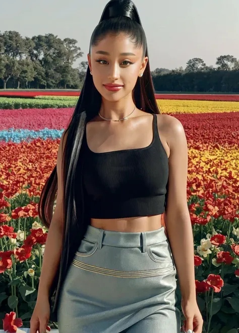<lora:arianaX:1> ariana1 1girl, (32K resolution, masterpiece, ultra high quality, best quality, ultra high definition, perfect anatomy, Incredibly detailed, RAW, ultra super realistic, photorealistic, cinematic lighting, exquisitely detailed, extremely intricate, 8k UHD, high resolution), (1girl), cropped off-shoulder tank top, skirt, elegant hair, standing in the middle of a flower field, seductive smile, dynamic vivid colors