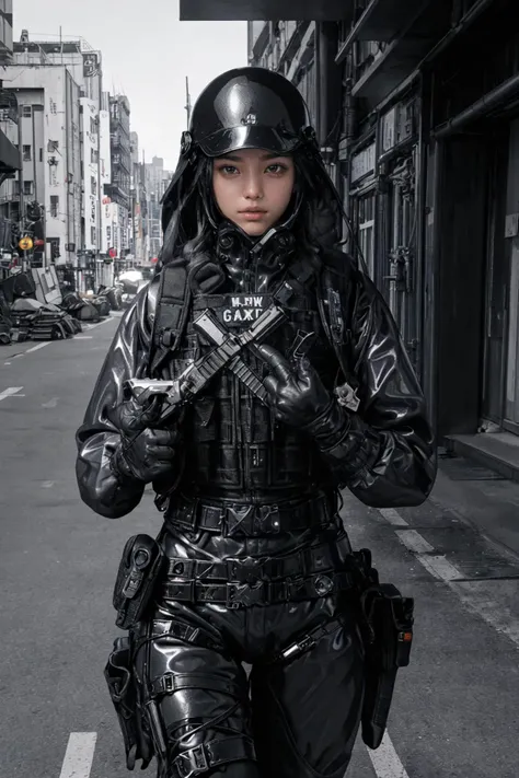 arafed woman in a black leather outfit holding a gun