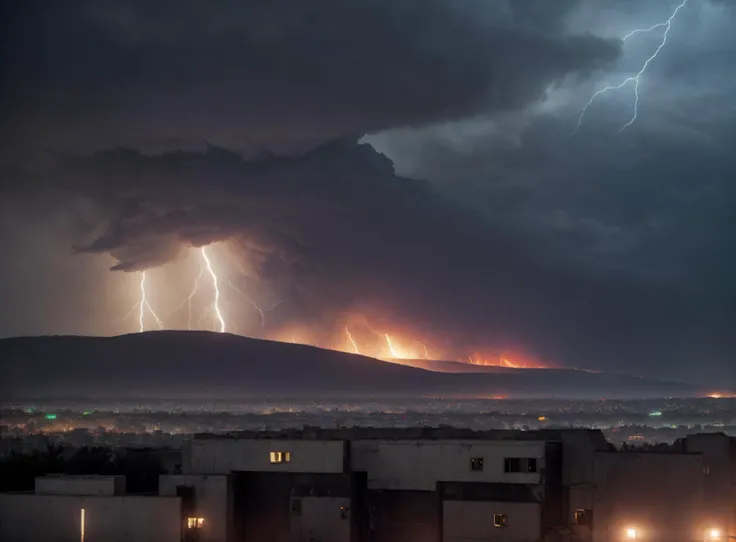 dark and ominous stormy sky with some clouds lit up by a red glow. NO SUNLIGHT [Minimal foreground, Panoramic, Dark colour palette, UltraHD, Photorealism, Gothic Horror, Epic]