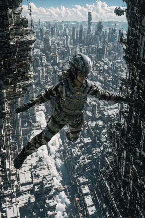 solo, sky, cloud,  1girl, open legs, ruanyi0532,backpack,bag,camouflage jacket,camouflage pants,helmet,load bearing vest,combat boots, city ruin,
 <lora:0532 Ranger Regiment Airborne_v1:0.75> ruanyi0532 <lora:xuer flies over_20231229022623:0.9> xuer flies over,  frying,  <lora:Fly:0.7> fly