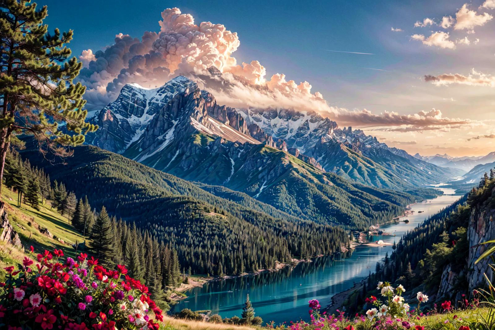 <lora:Beautiful outdoor:0.8>,Beautiful outdoor, landscape, no humans, sky, cloudy sky, sunlight, cozy, ((wide view)), mountain high above sky cloud, clear sky, nice view, river from top of mountain , flowers, trees,
BREAK soft light, cinematic lighting, detailed(shadow),
BREAK <lora:more_details:0.8>, extremely detailed, CG, finely detailed, (masterpiece, best quality):2.0,