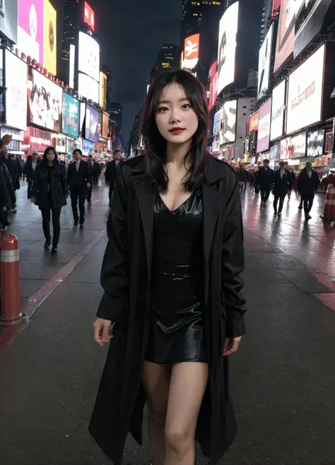 <lora:hasegawarena_lora-10:0.8>hasegawarena, 1girl, wearing a (black Long coat:1.2) and (sleek red dress:1.2), (Times Square at night:1.2), lots of bright artificial lighting, lit billboards, (walking in a busy urban environment:1.2), perfect detailed eyes, cleavage, 35mm photograph, film, bokeh, professional, 4k, highly detailed dynamic lighting, photorealistic, 8k, raw, rich, intricate details, vivid dynamic lighting