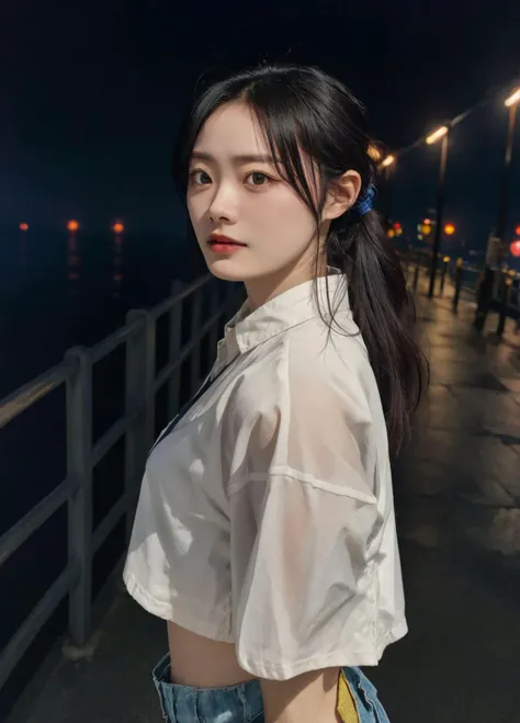<lora:hasegawarena_lora-10:0.8>hasegawarena, 1girl, wearing runners shorts and a (loose fitting tied cropped shirt:1.2). perky breasts, Hair is tied back. walking on a desolate pier overlooking the ocean. Cloudy day, drizzling rain, fog, overhead lights flickering, 35mm photograph, film, bokeh, professional, 4k, highly detailed dynamic lighting, photorealistic, 8k, raw, rich, intricate details, key visual, vivid colors, upper body photo