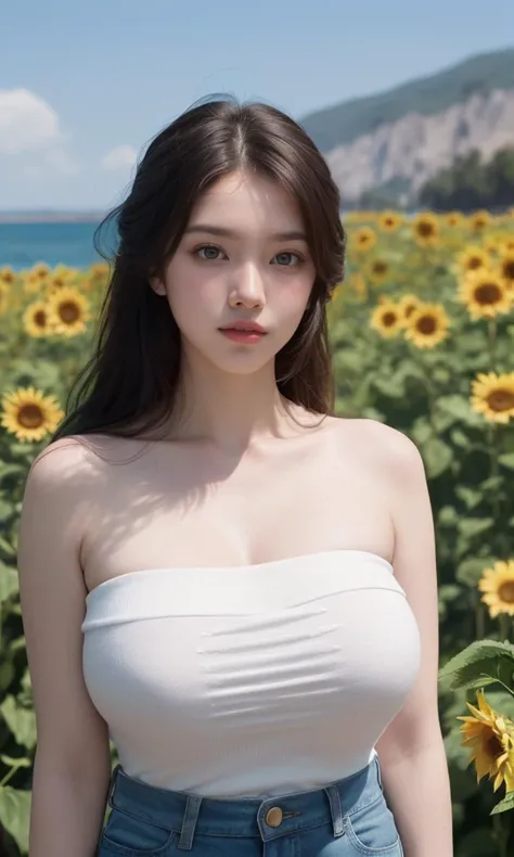 (jean shorts, strapless white t-shirt:1.9),(detailed Sharp Focus, Looking_at_viewer:1.9),(Shot on Hasselblad X1D-50C with Hasselblad XCD-90V Lens:1.6), (cowboy-shot_posing:1.9), (stands on sunflower field at hilltop with sea view:1.9),(detailed background:1.6),(noon:1.9),(((long curly hair:1.6))),(((gigantic saggy :1.9))),(eyelashes,eye lashes:1.0),(texture skin:1.6),(ulzzang-6500:0.7),(((ultimately high detailer))),depth of field,Portraiture,Path tracing,Raw Photo,ultimate quality,masterpiece,highres,High Dynamic Range,(Photorealistic, Realistic:1.6)