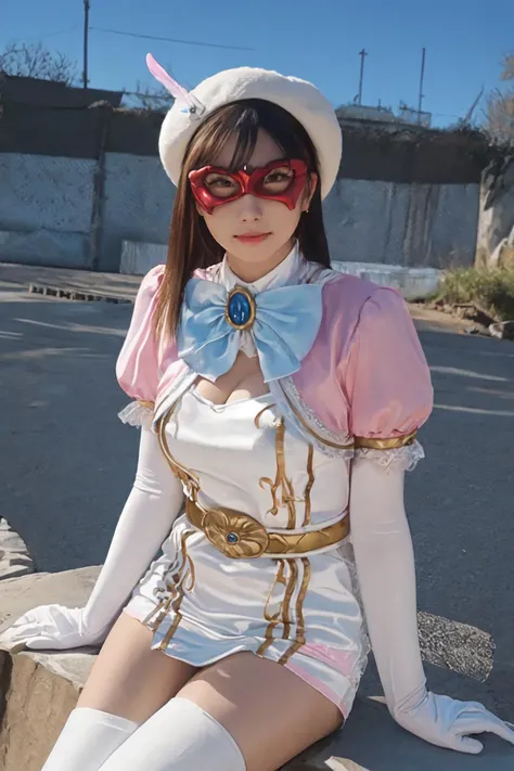 1girl, mature woman, beatuful woman, large breasts, f0nta1ne_4urora, fontaine_mask, fontaine_hat, capelet, thighhighs, cleavage cutout,
white gloves, white dress, belt, bowtie, sitting, looking at viewer, detailed body, ((attractive body)), perfect human body, realistic face,
(ultimate quality, masterpiece, highres:1.0), realistic:1.6, photorealistic, city ruin, night,
<lora:Masked_Fontaine_aurora_v1:0.85>