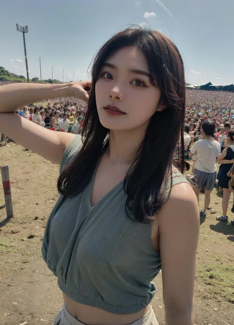 <lora:hasegawarena_lora-10:0.8>hasegawarena, 1girl, boho fashion, Crop Washed Seamless Rib-Knit Camisole Crop Tank Top, sexy, at a concert, muddy ground, stage and band in the background, large crowd, detailed expressive eyes, 35mm photograph, film, bokeh, professional, 4k, highly detailed dynamic lighting, photorealistic, 8k, raw, rich, intricate details, key visual, vivid colors