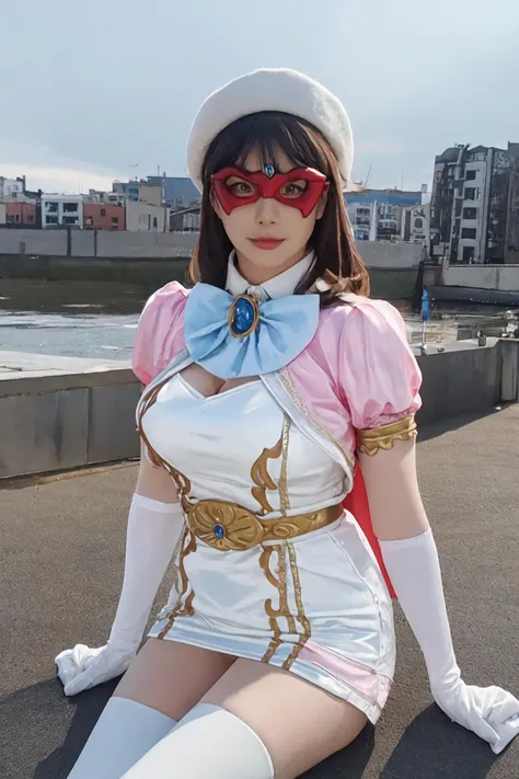 1girl, mature woman, beatuful woman, large breasts, f0nta1ne_4urora, fontaine_mask, fontaine_hat, capelet, thighhighs, cleavage cutout,
white gloves, white dress, belt, bowtie,
looking at viewer,
detailed body, ((attractive body)), perfect human body, realistic face,
(ultimate quality, masterpiece, highres:1.0), realistic:1.6, photorealistic, city ruin, night,
<lora:Masked_Fontaine_aurora_v1:0.85>