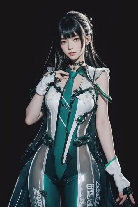 best quality,masterpiece,highres,extremely detailed cg unity 8k wallpaper,red background,1girl,solo,looking at viewer,standing,cowboy shot,,lemon0029,bodysuit,green necktie,see-through,choker,fingerless gloves,clothes writing,mechanical parts,white gloves, city ruin,
<lora:lemon0029-Stellar Blade Eve Costume 1_v1:1>