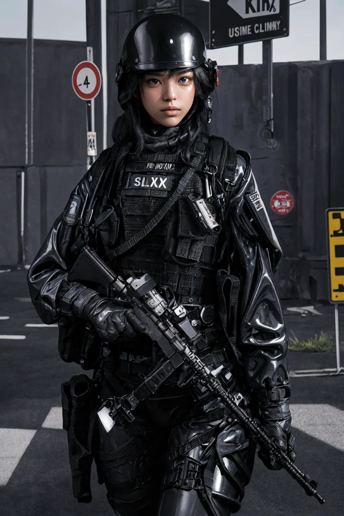 solo,1Girl,standing split,,ruanyi0524,backpack,belt,bulletproof vest ,gloves,tactical clothes,cowboy shot,outdoors,street,road sign,thigh gap, best quality,masterpiece,highres,official art,extremely detailed cg unity 8k wallpaper, ( glossy shiny skin:1.2),(latex skin:1.2),
<lora:0524 navy tactical uniform_v1:0.75> ruanyi0524