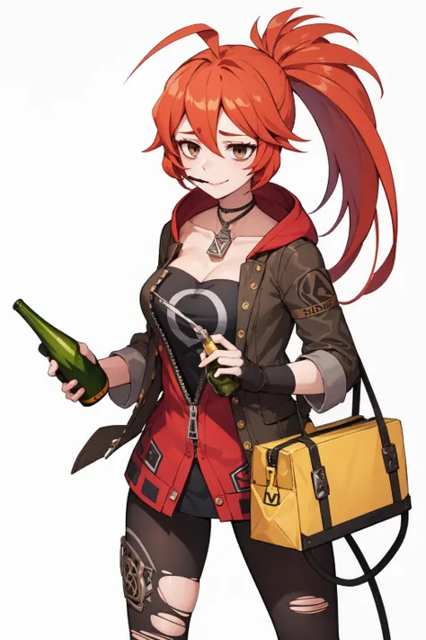 masterpiece, best quality, highres, adrianaR, smile, high ponytail, red hair, blank stare, empty eyes, open jacket, black choker, collarbone, single glove, fingerless glove, black gloves, smoking pipe, mouth hold, hood down, shirt, brown eyes, black jacket, cleavage, ahoge, long sleeves, necklace, zipper, zipper pull tab, red jacket, bags under eyes, black shirt, torn pantyhose, standing, holding bottle, bottle<lora:Adriana2-10:1.0>