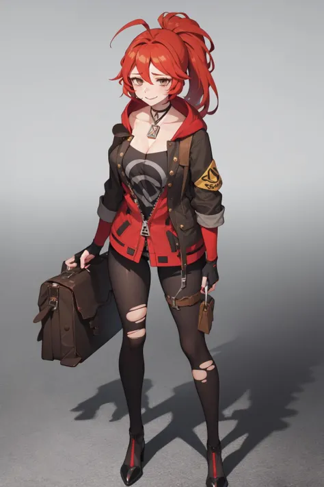 masterpiece, best quality, highres, adrianaR, smile, high ponytail, red hair, blank stare, empty eyes, open jacket, black choker, collarbone, single glove, fingerless glove, black gloves, smoking pipe, mouth hold, hood down, shirt, brown eyes, black jacket, cleavage, ahoge, long sleeves, necklace, zipper, zipper pull tab, red jacket, bags under eyes, black shirt, torn pantyhose, black footwear, red footwear, standing, full body<lora:Adriana2-10:1.0>
