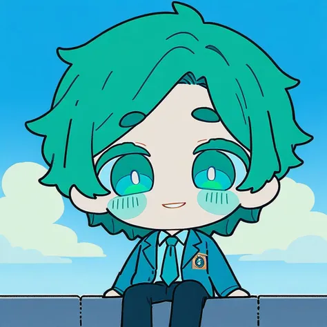 1boy, male focus, solo, outdoors, sitting, smile, parted lips, green hair, blue eyes, necktie, collared shirt, jacket, pants