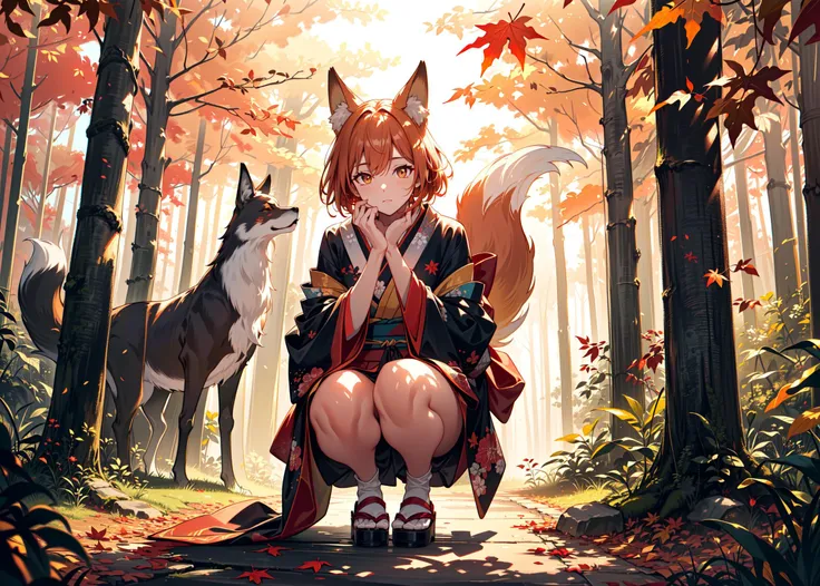 anime girl with fox ears kneeling in the woods with her dog