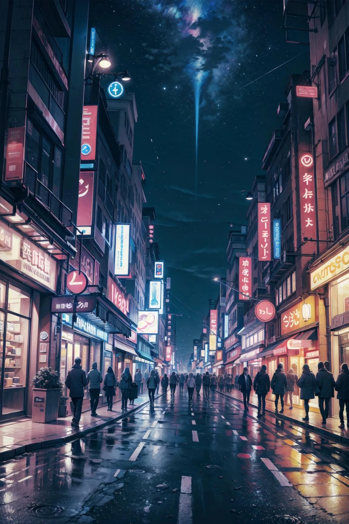 humans, city street, busy road, traffic, cars, night time, night sky, neon lights, street lights, busy street, ((best quality:1.2)), masterpiece, (HDR:1.2, highres),