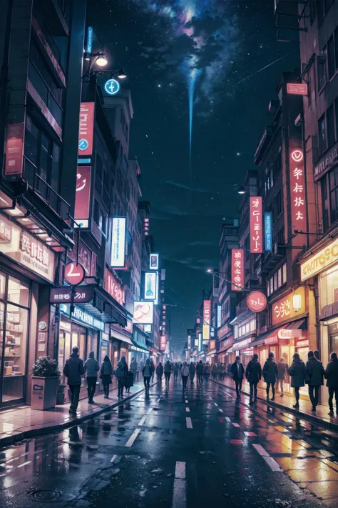 people walking down a city street at night with a sky full of stars