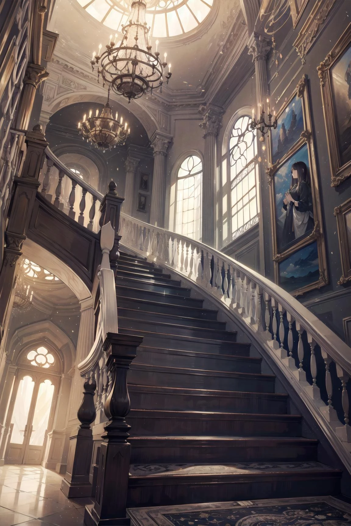 girl, prism of lights, staircase towards the sky, advent of light, ray tracing, universal struggles, ((best quality:1.4, HDR:1.2, masterpiece:1.2)), highres, intricate details,