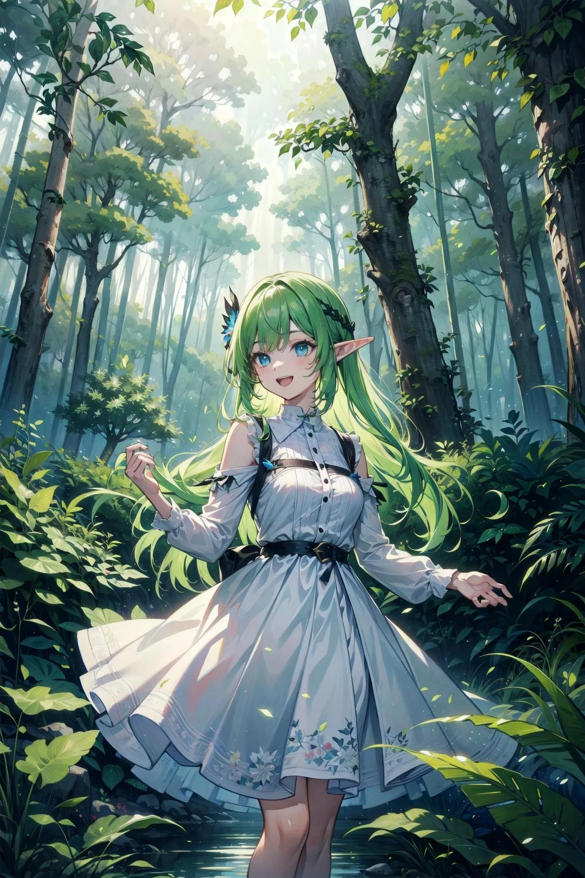elf girl, simple white dress no design, (masterpiece, best quality:1.4), long hair, green hair, blue eyes, :D, flying hair, forest scenery, riverside, tree foliage, ray tracing, light, dark ambience, HDR, highres, intricate details, detailed background,
