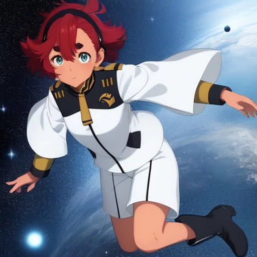 <lora:suletta-mercury-v1:1>, 1girl, suletta mercury,asticassia school uniform, flying, black boots,white jacket, white shorts,space