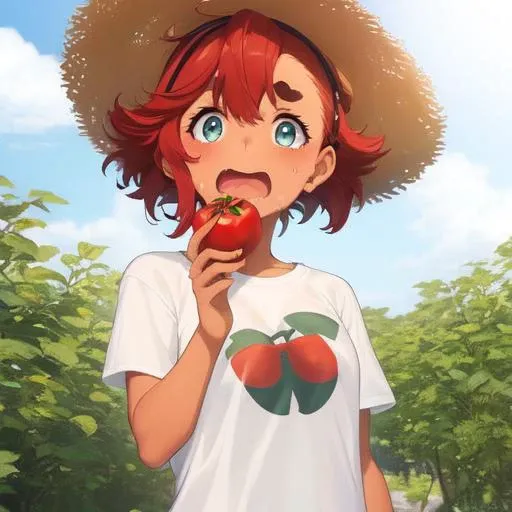 <lora:suletta-mercury-v1:1>, 1girl, suletta mercury,t-shirt,straw hat, vegetable, eating tomato,sweatdrop, outdoor,looking at viewer, open mouth,