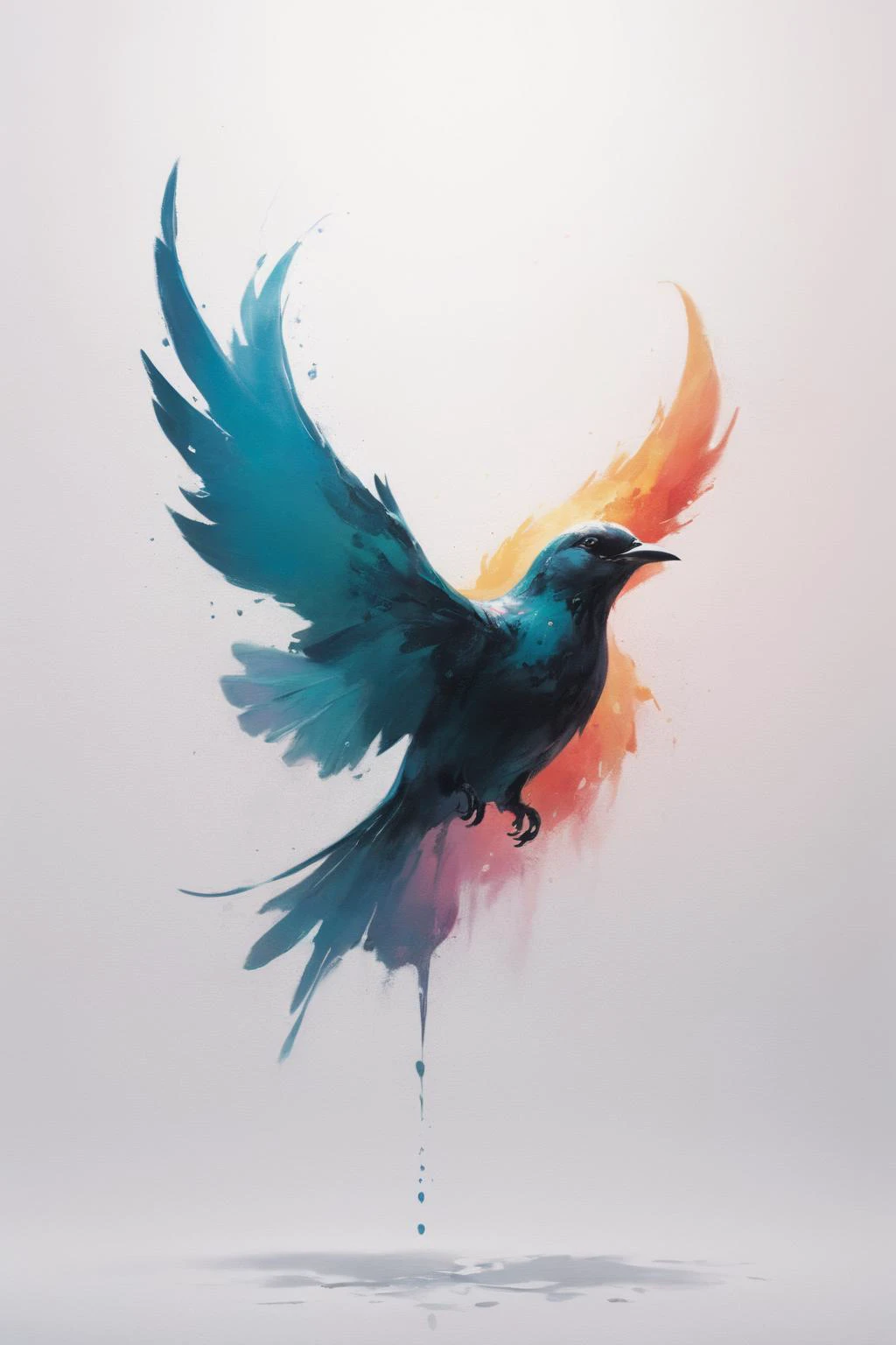 minimalist style, flawless, clean, masterpiece, professional artwork, famous artwork, cinematic lighting, cinematic bloom, background focus, colorful splashes in the shape of a bird, painted world,(((limitless desolation))), (surreal environment:1.3), no characters , upper body portrait, <lora:Painted World-000006:.5>