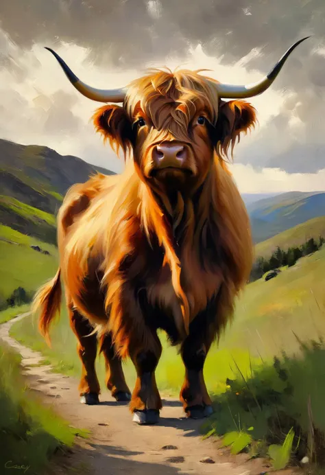 Impressionistic realism, Highland cattle, curious and powerful, friendly giant, long hairs, standing on a green hill with a trail path, 8k, masterpiece, highly detailed, art by Casey Baugh, impasto, palette knife painting, deep darks, high contrast, natural lighting