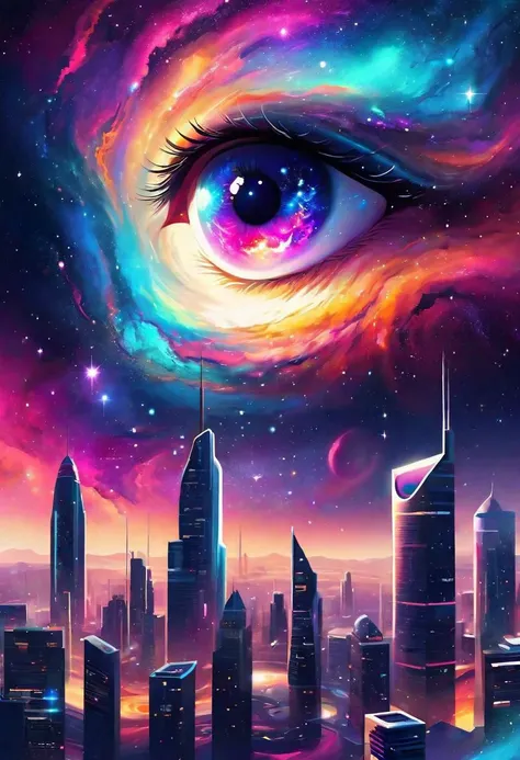 Vibrant vector galaxy, a mesmerizing nebula of swirling colors and cosmic elements, with a minimalist futuristic cityscape at its core, creating an eye-catching contrast between the celestial and urban.