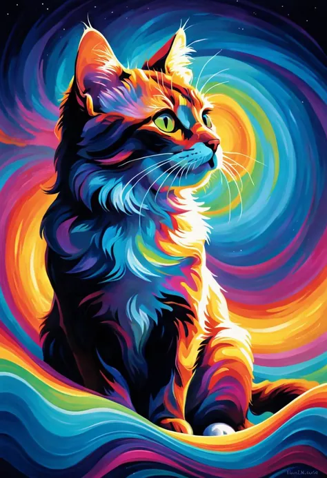 high quality, A beautifully designed cat emerges, adorned with the vibrant hues of the electromagnetic spectrum, Its reflect the intricate patterns of electromagnetic wavelengths, showcasing a mesmerizing array of colors, From the soothing waves of radio frequencies to the visible splendor of light, and the ethereal realms of infrared and ultraviolet, the cat embodies the entire spectrum, The interplay of these waves creates a fantastical display, as the cat gracefully combines and blends the diverse colors of interference waves, The result is a breathtaking masterpiece, where the majestic cat becomes a living embodiment of the electromagnetic spectrum, by yukisakura, high detailed, <lora:xl_more_art-full_v1:0.6>