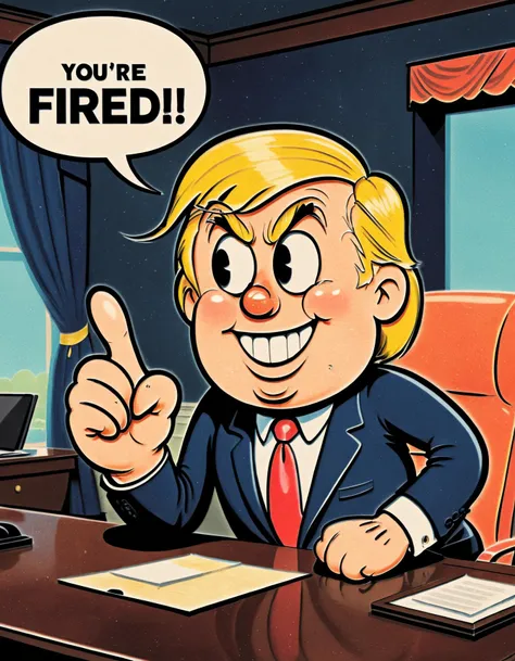 Whimsical vibrant Rubberhose style cartoon illustration, smiling Donald Trump pointing his finger gun at the viewer with his speech bubble that says "You're Fired!" sitting in a boardroom, <lora:Wizards_Vintage_Rubber_Hose__1930s_Animation_Style:0.9>