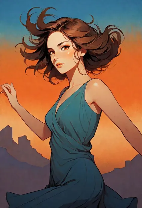 Minimalist illustration, a beautiful woman, gorgeous hazel eyes with a hint of green staring at the viewer, muse of the arts, dancing linework, resonating with a secret tune, orange blue gradient background, highly detailed, deep darks, high contrast, masterpiece, 8k, French vibe, art by Hayao Miyazaki AND Phil Noto