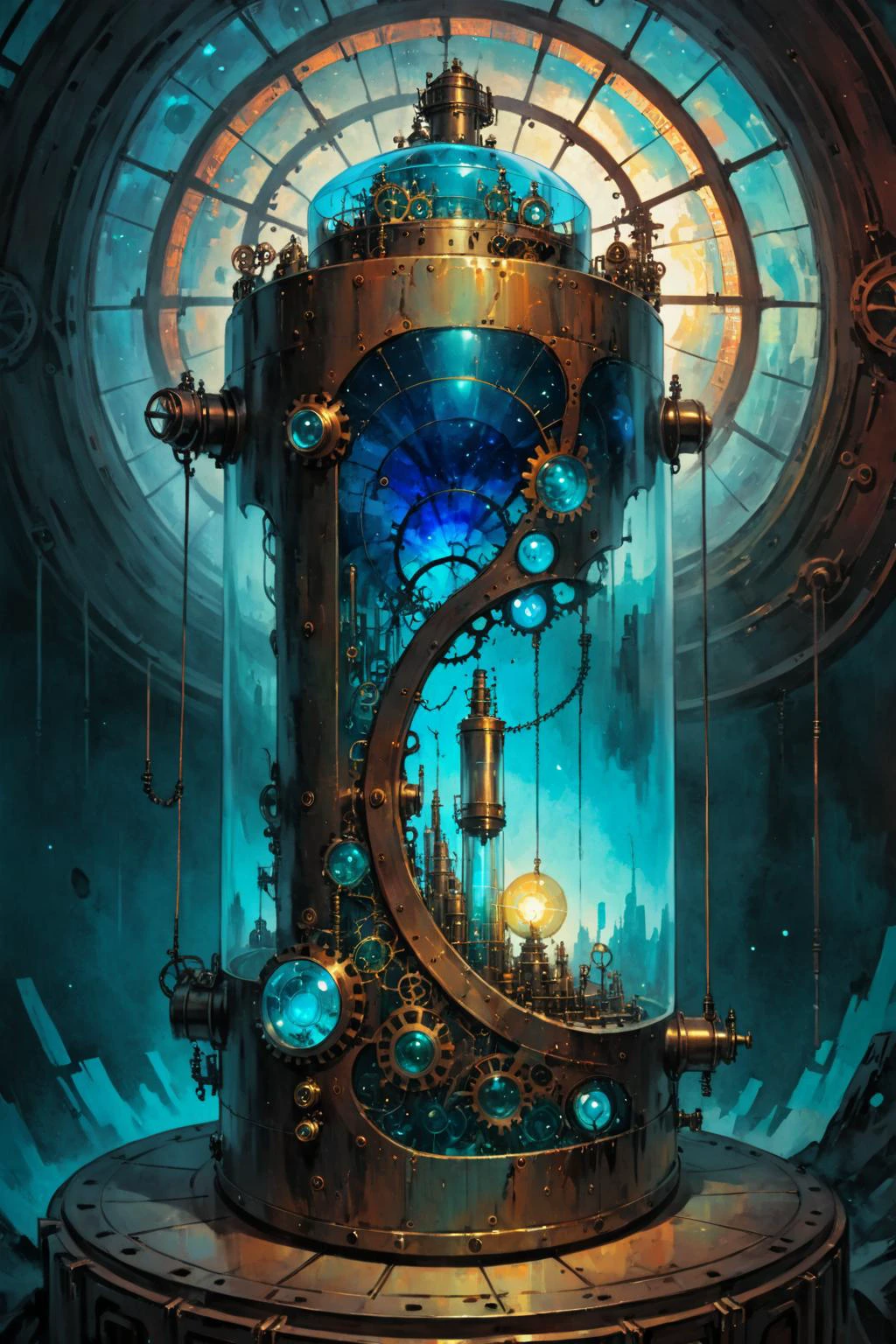 contained color, Forced March inside of a cylindrical steampunk container with (blue tinted glass), <lora:Contained_Color_SDXL:1> <lora:Painted World-000006:0.3> painted world, panel background, inspired gremety by Victo Ngai, Unreal